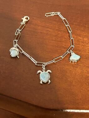 925 Sterling Silver Turtle Dolphin Shell Charm Paperclip Bracelet 7.5"